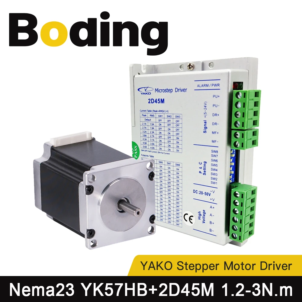 

BODING Nema23 2Phase Hybrid Stepper Motor YK57HB56 / YK57HB76 / YK57HB80 1.2N.m 2N.m 2.2N.m and Stepper Driver 2D45M