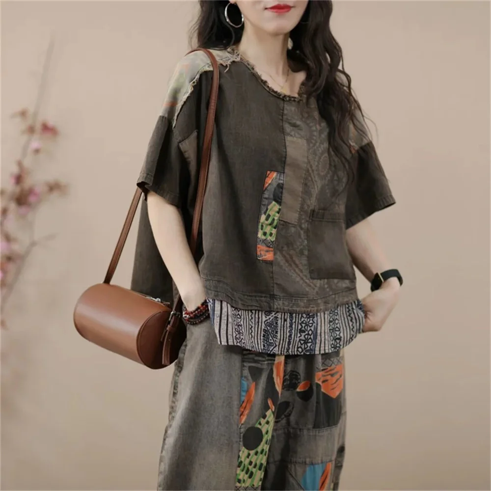 2024 Female Korean Ethnic Style Denim Harlan Pants Sets two-piece Women\'s Summer New Small Casual High-end Clothing Printing Set