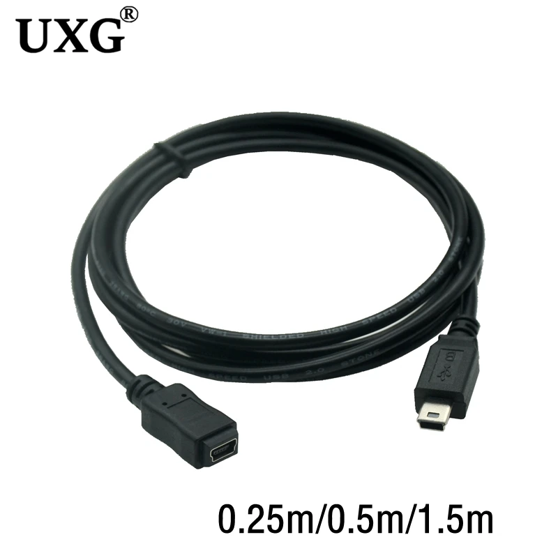 1Pcs Black Mini 5Pin T-Port USB Light Mini Cable 1.5m 0.5m 0.25m Mini USB B 5pin Male To Female Extension Cable Cord Adapter