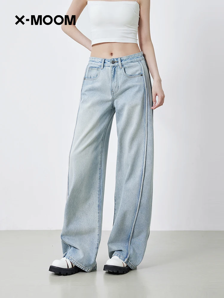 

Loose Cotton Denim Jeans Women's Summer New Side S Insert Structure Casual Wide Leg Pants l Waist Zipper Closure