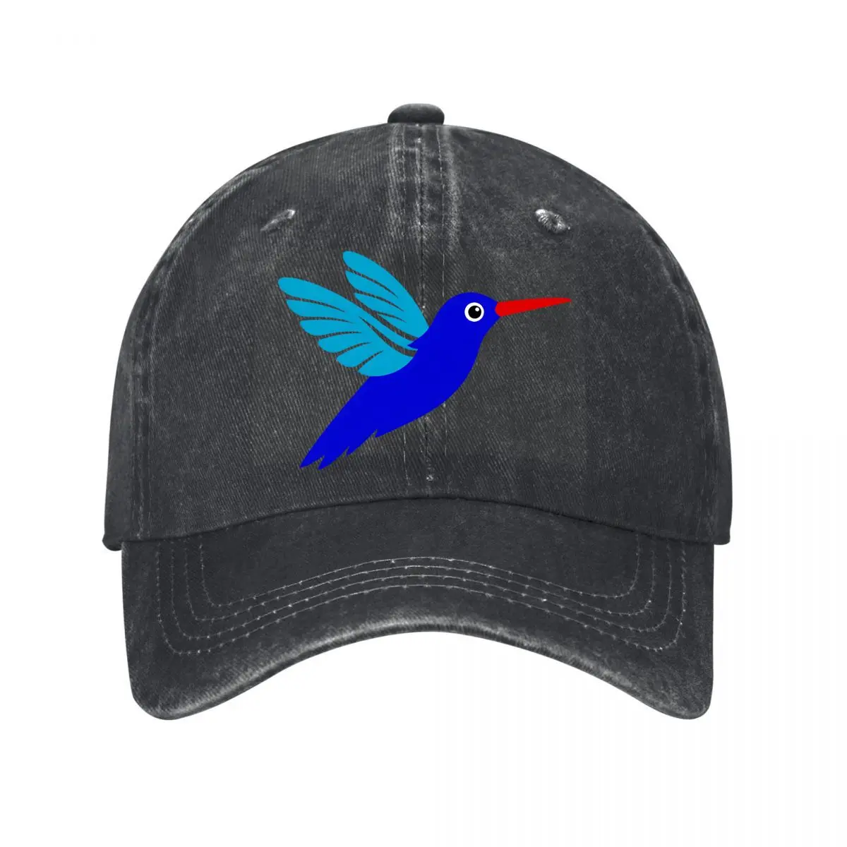 Blue Hummingbird Red Beak Turquoise Wings Flying Bird Illustration Washed Baseball Cap Outdoor Hat