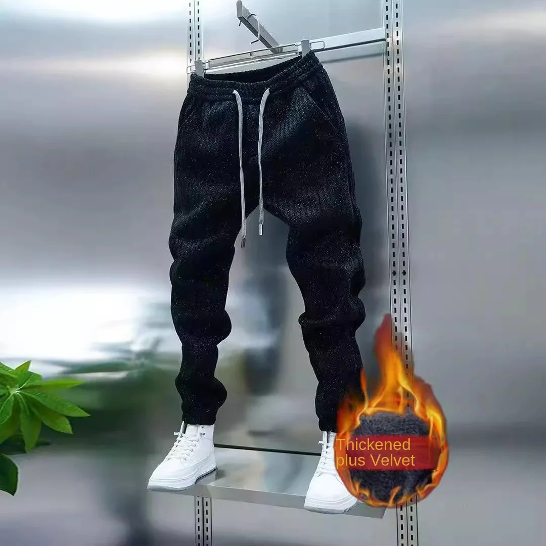 2025 Autumn/Winter Fleece Men's Versatile Loose Sports Sweatpants Fashion Vertical Striped Ankle Pants Trendy Slim Fit Casual Pa