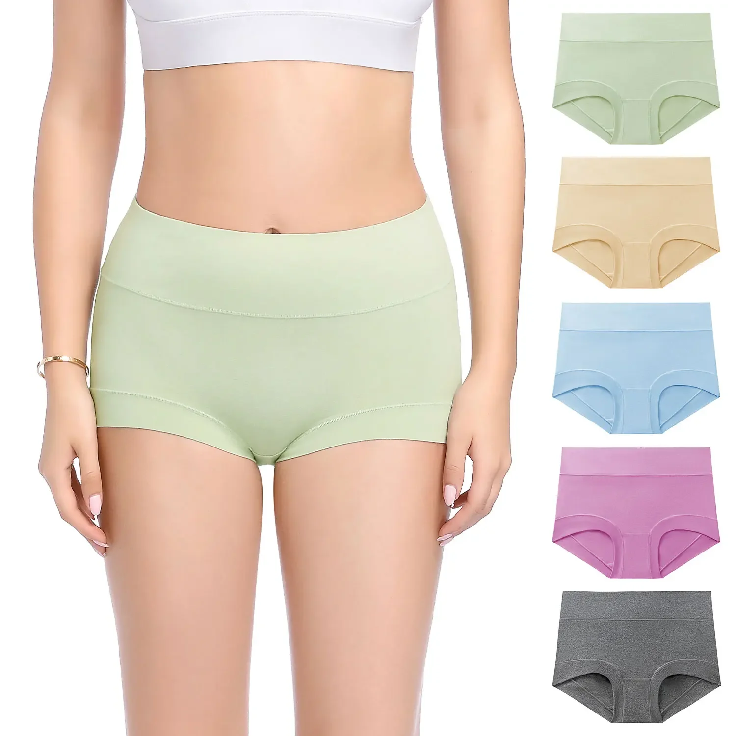 

POKARLA Women Cotton Boy Shorts Seamless Comfortable Ladies High Waist Panties Full Coverage Stretch Underwear 5pc/Set Plus Size