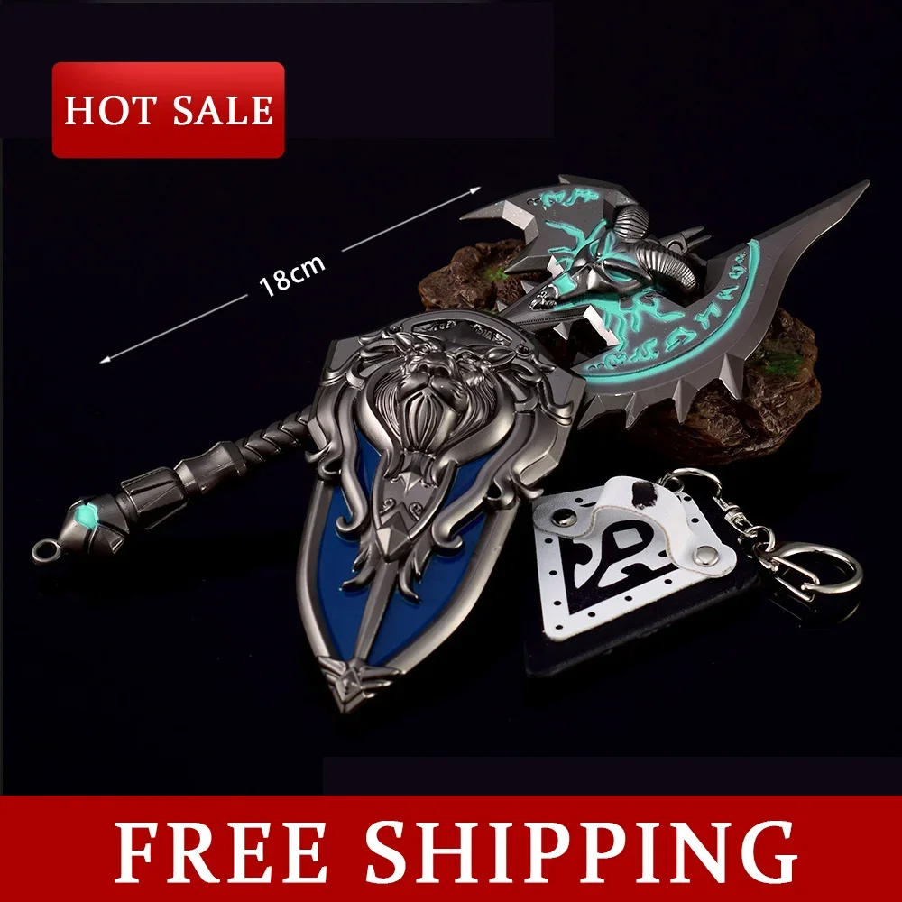 18CM World of Warcraft Shadowmourne Axe dengan perisai Game pinggiran Model ornamen dengan gantungan kunci Cosplay senjata aman mainan anak laki-laki