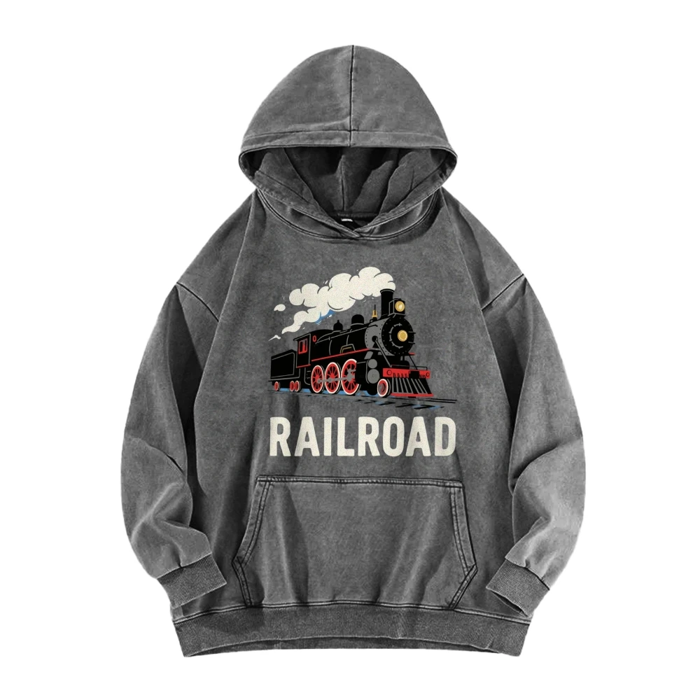 سترة بغطاء للرأس برسومات السكك الحديدية على شكل قطار بخاري عتيق، بلوفر مغسول باللون الوردي القديم مع تصميم قاطرة كلاسيكي لنمط السكك الحديدية العتيق #3