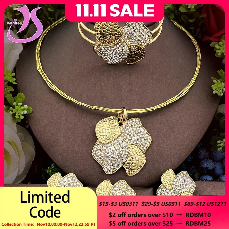 

African 18K Gold Plated Jewelry Set Dubai Nigeria Big Pendant Necklace Bracelet Zircon Earring Ring For Women Wedding Gifts