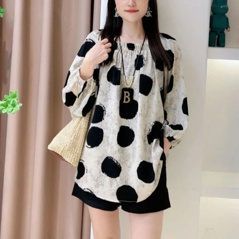 

Minimalist Commuter 2024 Spring Autumn New Women's Pullovers Slash Neck Printed Vintage Elegant Loose Long Sleeve Chiffon Tops