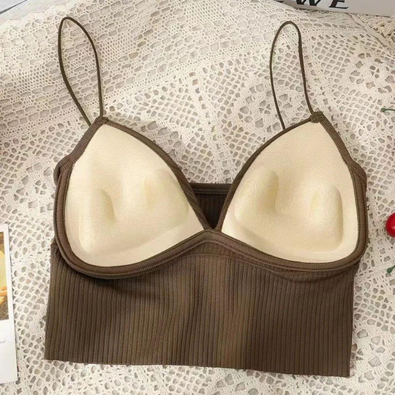 Camisola ajustada para mujer, sujetador de realce elástico Sexy con almohadillas en el pecho, Top corto de Tubo con ombligo, Tops con cuello en V,