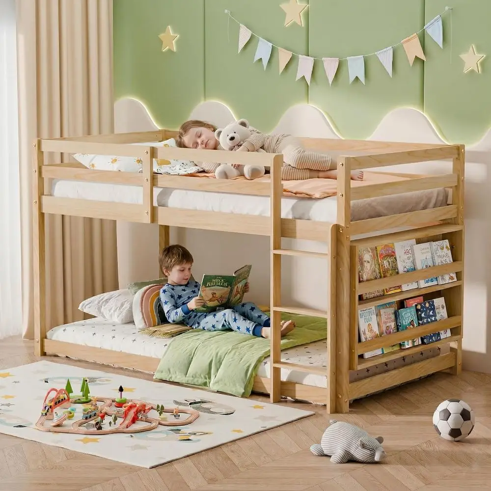 

Twin Over Twin Bunk Bed with Book Shelves and Guardrails, Wooden, Suitable for Kids, Bedrooms, Dorms