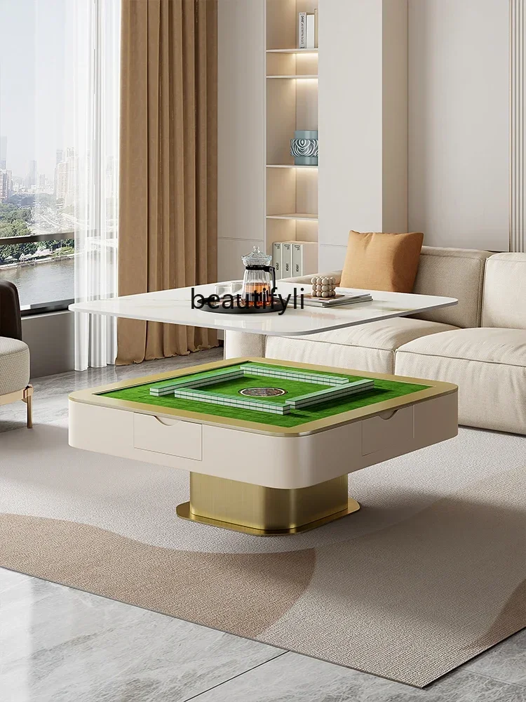 Mahjong table, tea table three-purpose, modern light luxury household multi-functional lifting coffee table rock slab