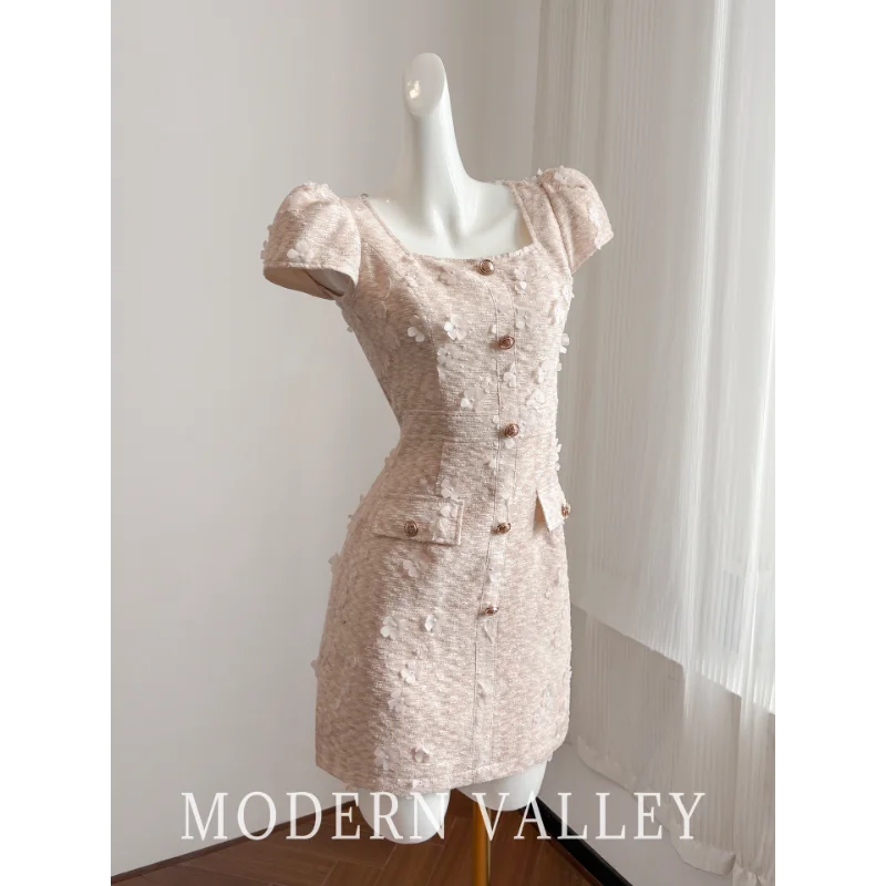 핑크 스퀘어 칼라 빈티지 향수 드레스 여성 여름 프랑스어 고품질 짧은 소매 달콤한 파티 결혼식 여성 짧은 드레스