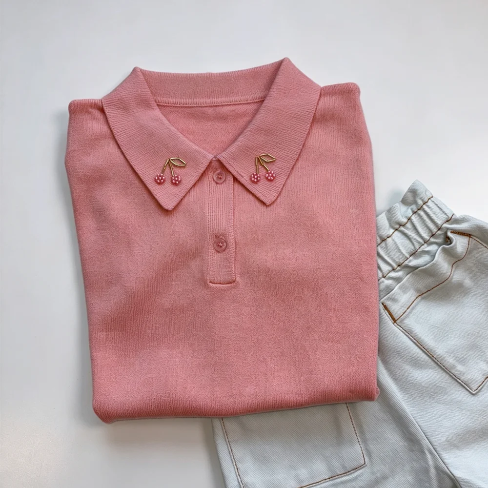 

kids clothes girls tops summer Student Style t-shirt Cherry patterned embroidered lapel Girl's pink knitted top