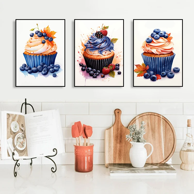 Classic Autumn Delicious Colorful Blueberry cream Cake Posters Prints Canvas Paintings Wall Art Pictures Living Room Home Decor