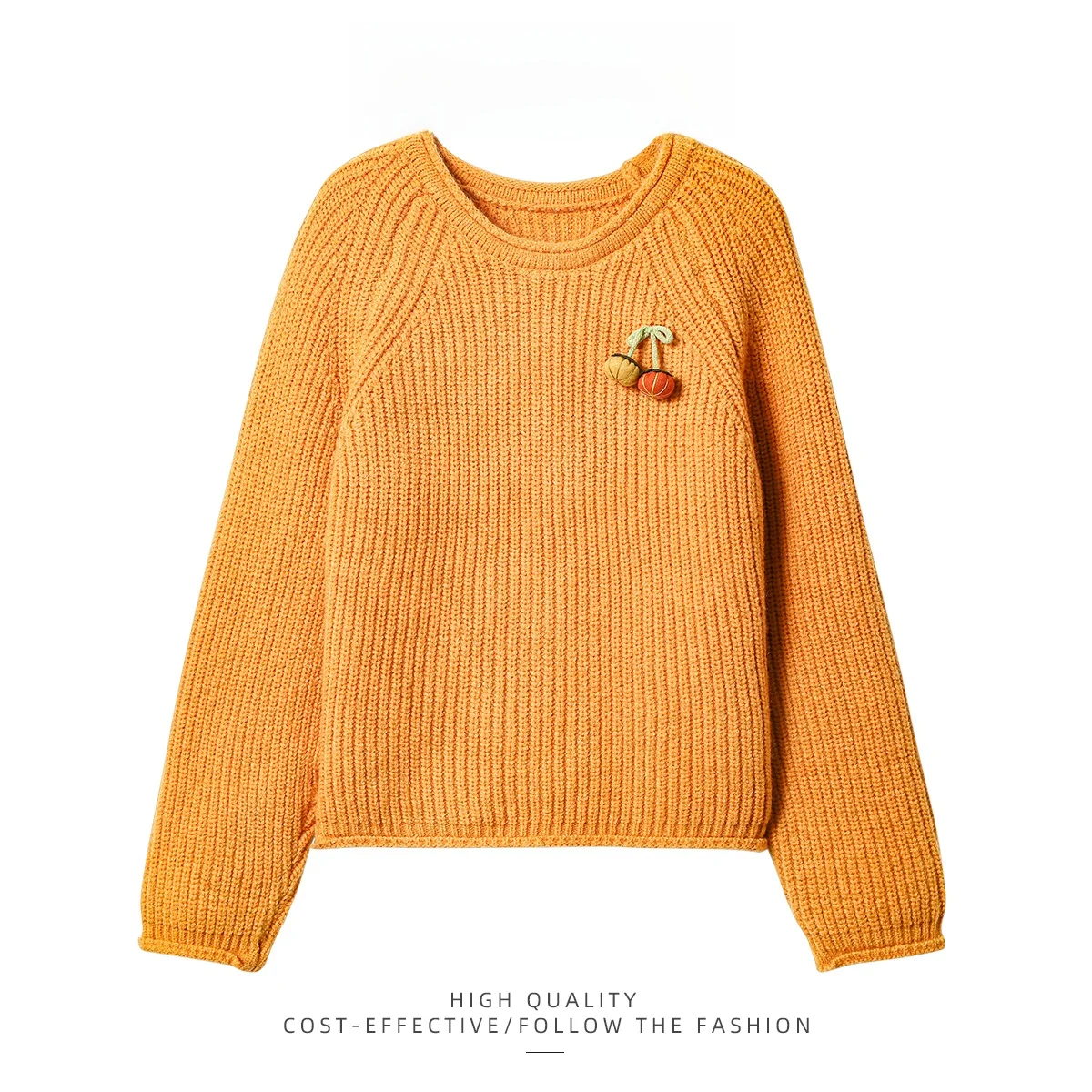 Retro Cherry Embroidery round Ne Pullover Sweater Women's Loose Slimming Top Korean Sle Soft Long Sve Knittedwear