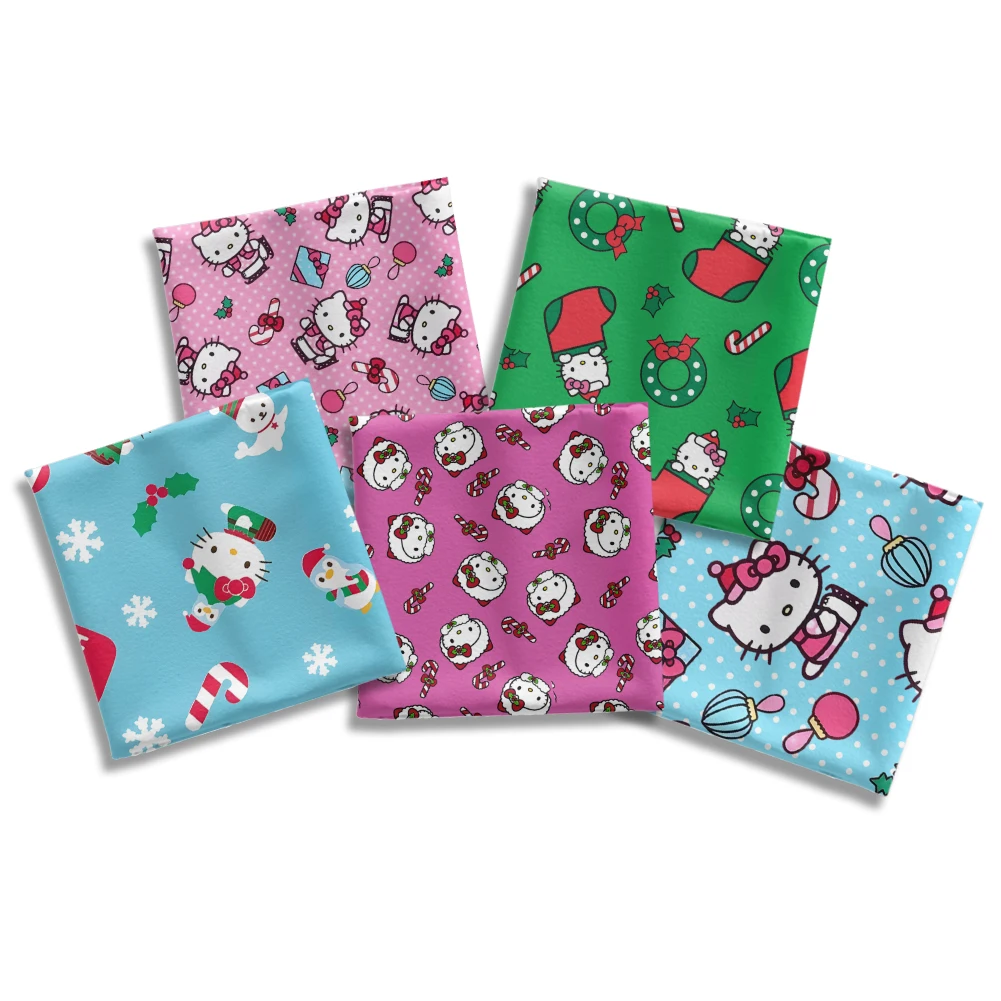 Japanese Cartoon Christmas Hello Kitty Pattern Peach Skin Microfibe DIY Textile Sewing Cloth 50*145cm