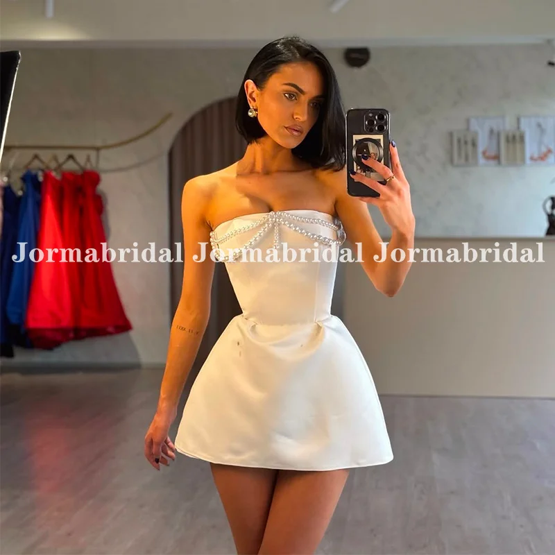 Sexy Short Wedding Dress with Wrap Strapless Pearls Tassel White Satin vestido Above Knee Formal Mini Bridal Gowns Customized