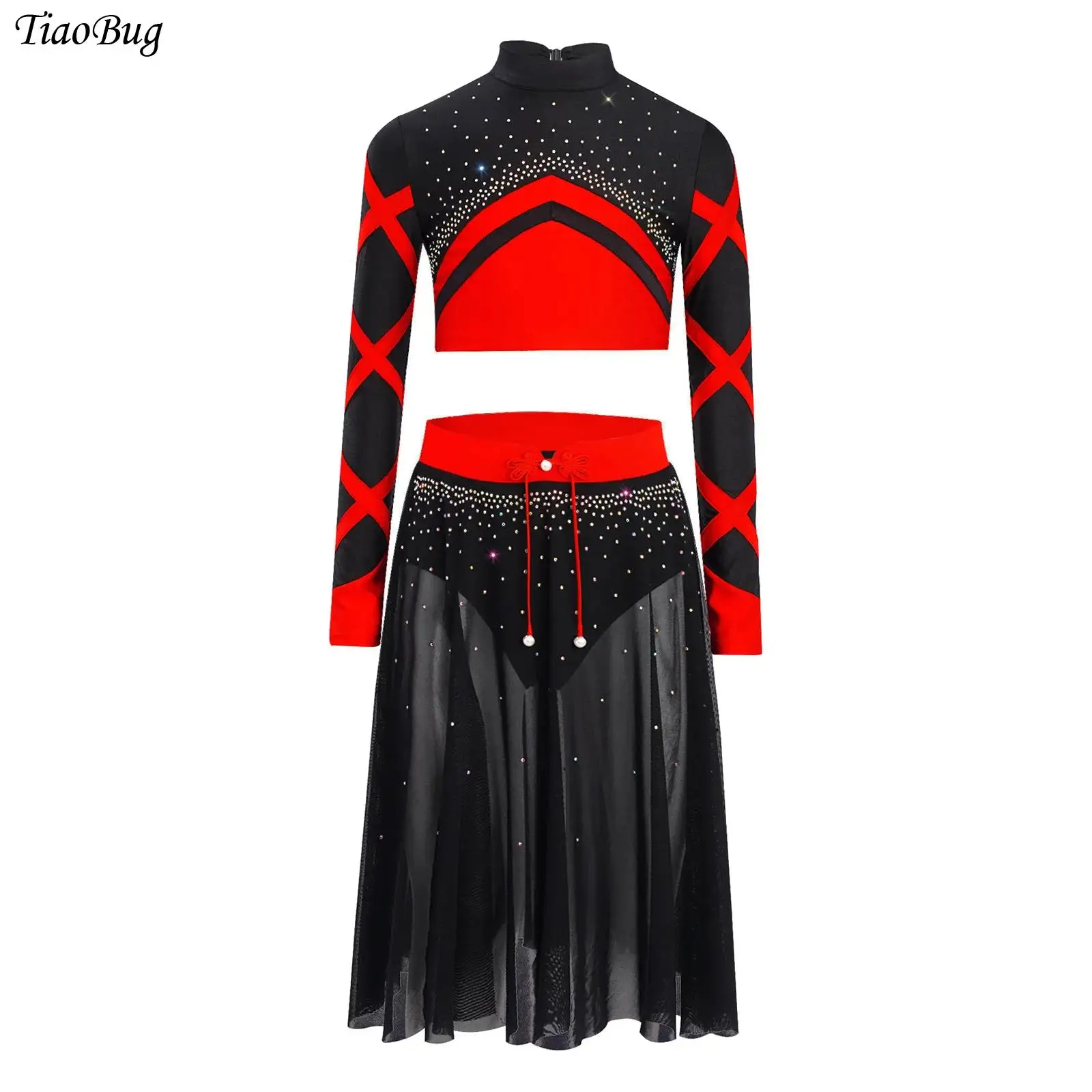 

Girls Lyrical Dance Set Ballet Jazz Dance Costume Color Block Outfit Long Sleeve Rhinestone Crop Top with Side Split Mesh Skirt