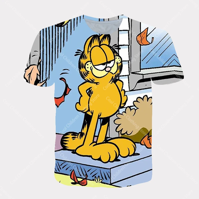 Miniso Summer Kawaii Garfield T-shirt 3-14 Year Old Children's Cartoon Anime Pattern Children's Girls Boys Fashion Short Sleeves