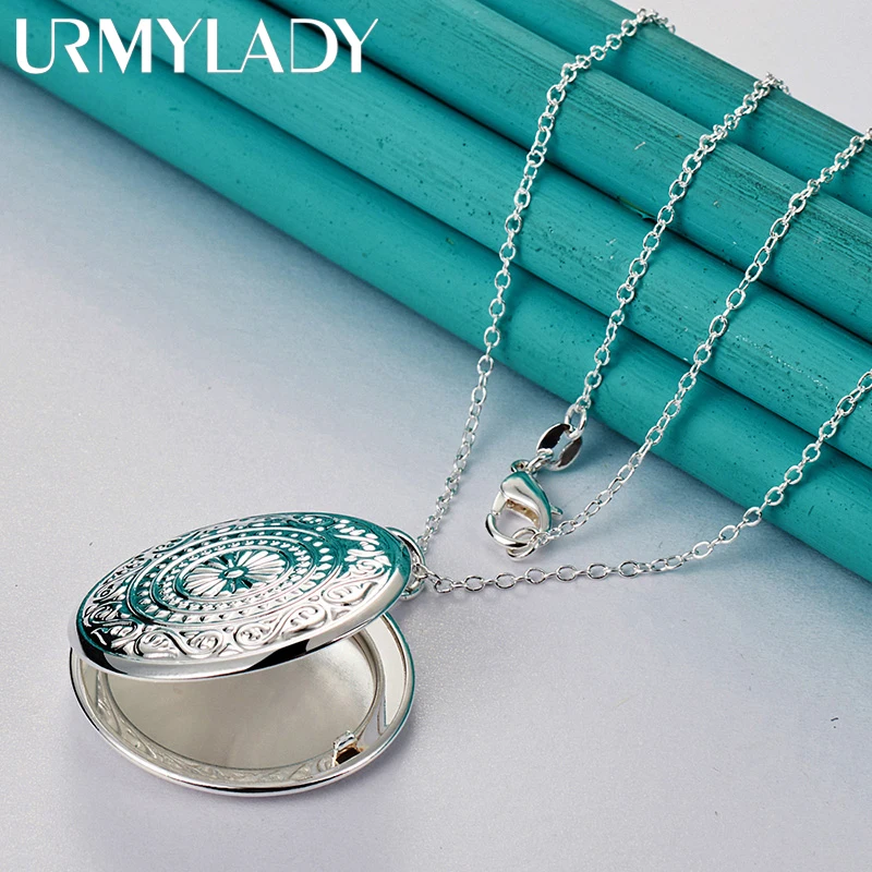 

URMYLADY 925 Sterling Silver Round Photo Frame 16-30 Inch Pendant Necklace For Women Wedding Engagement Fashion Charm Jewelry