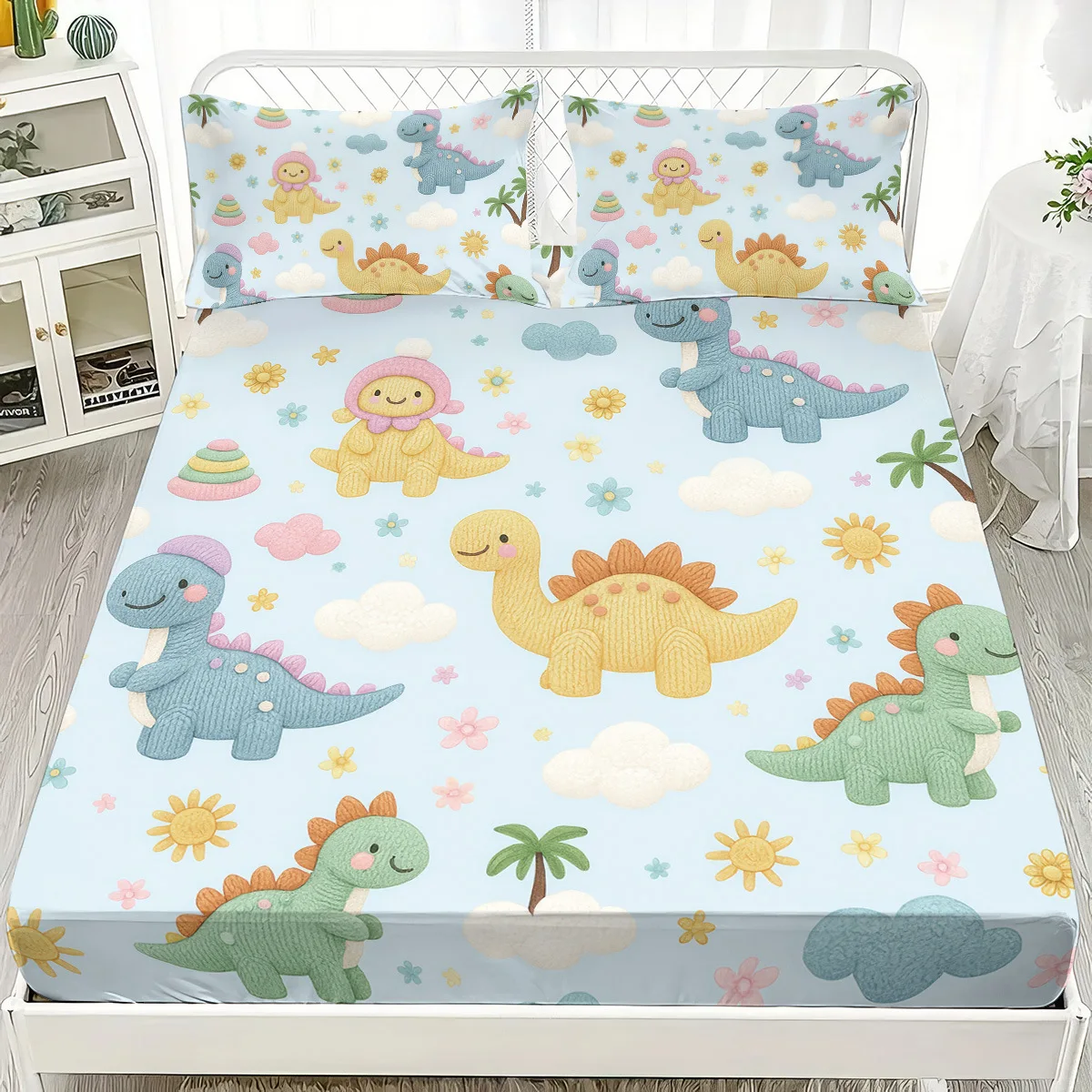 Children's cartoon bedsheet Dinosaur Bear Rabbit fitted sheet Printed Bed Cover For Teens Girl Single/Double/Queen/King