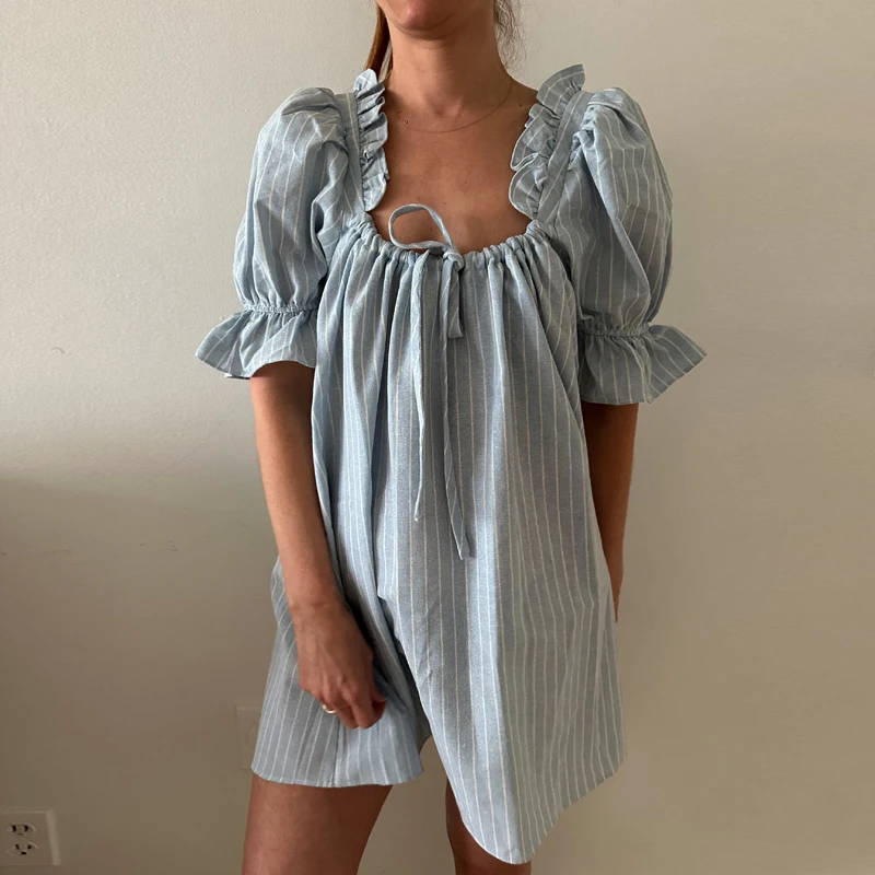 Y2K Kawaii Short Puff Sleeves Mini Dress Vintage Square Neckline Tie Up Bodydall Dress Daily Party Club Loose Fit A-line Dress