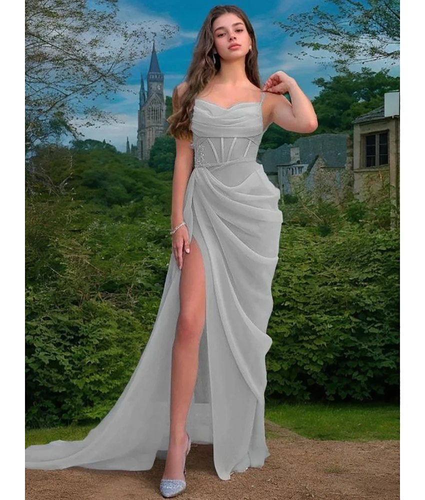 

Customized Sexy Organza A-Line Spaghetti Straps Appliques Sequined Evening Dress Fashion Sleeveless Strapless Floor Length