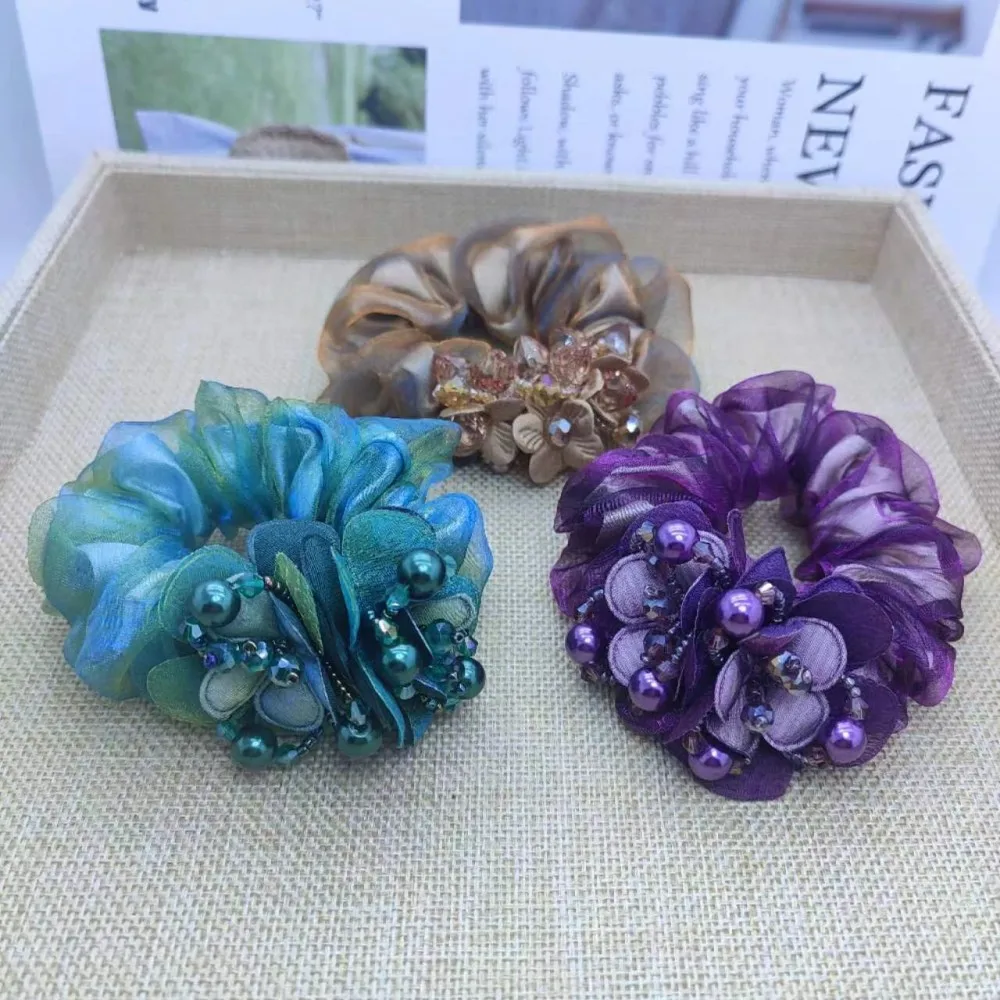 Gummiband Kopfschmuck Blume Haar Seil Elegante Frau Hochsteckfrisur Pferdeschwanz Elastische Große Scrunchie Haar Zubehör für Frauen – Detail 22