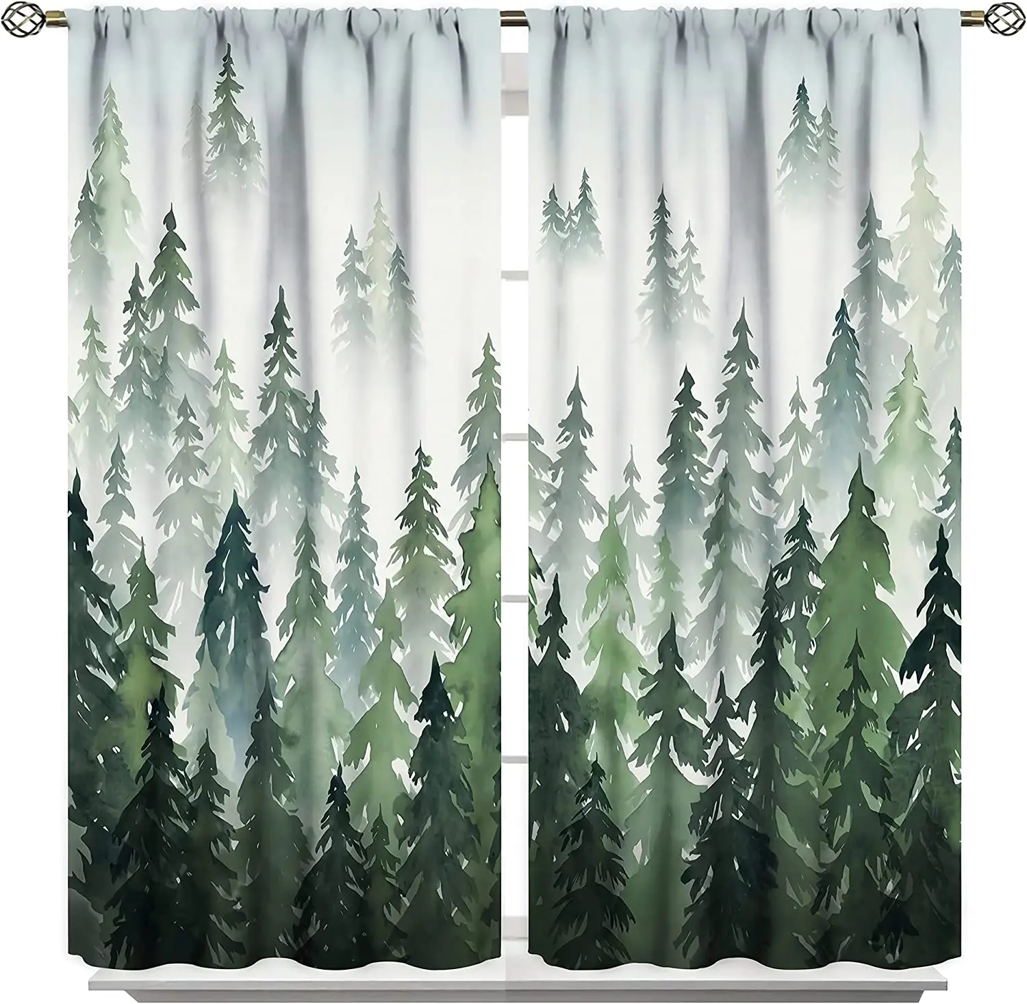 

3D Printed Green Forest Curtains, Watercolor Forest Tree Silhouette, Nature Landscape, Window Curtains, 2 Panels, Cheap