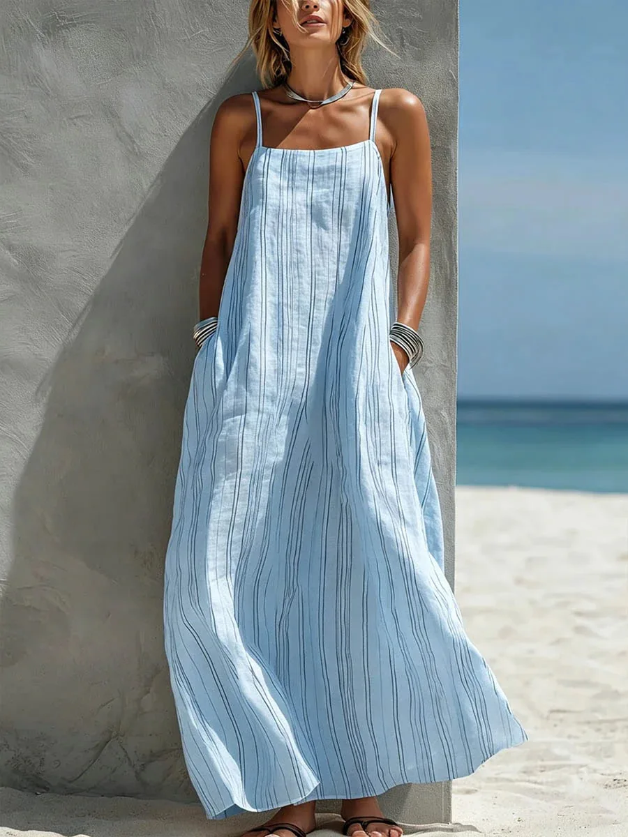 Summer New Striped Casual Camisole Sleeveless Strap Strip Pocket Women Maxi Dress Dresses