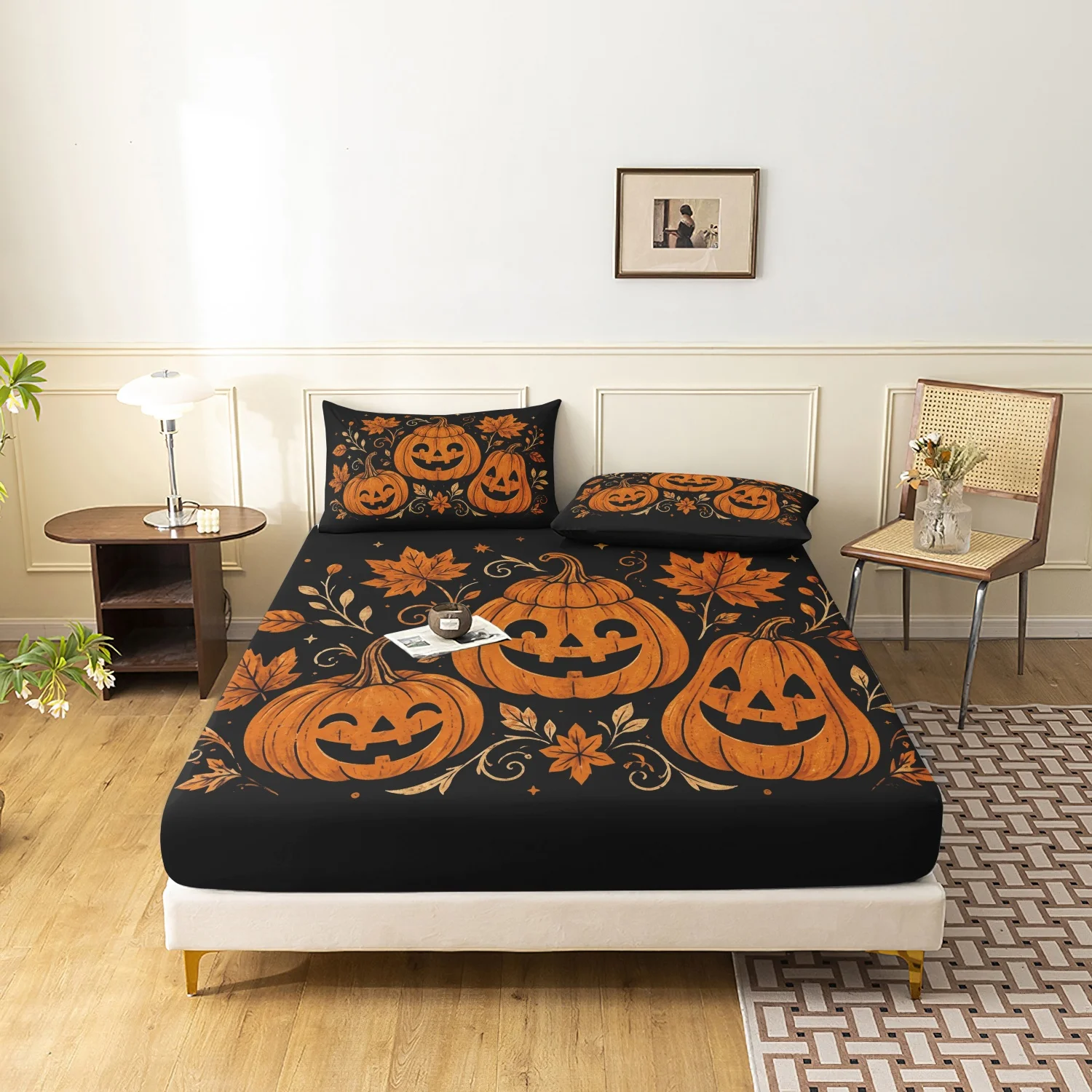 3Piece Fall Retro Halloween Print Fitted Sheet Set, Cute Smiling Lantern Pumpkin Maple Leaf Autumn Swirl Pattern Bedding