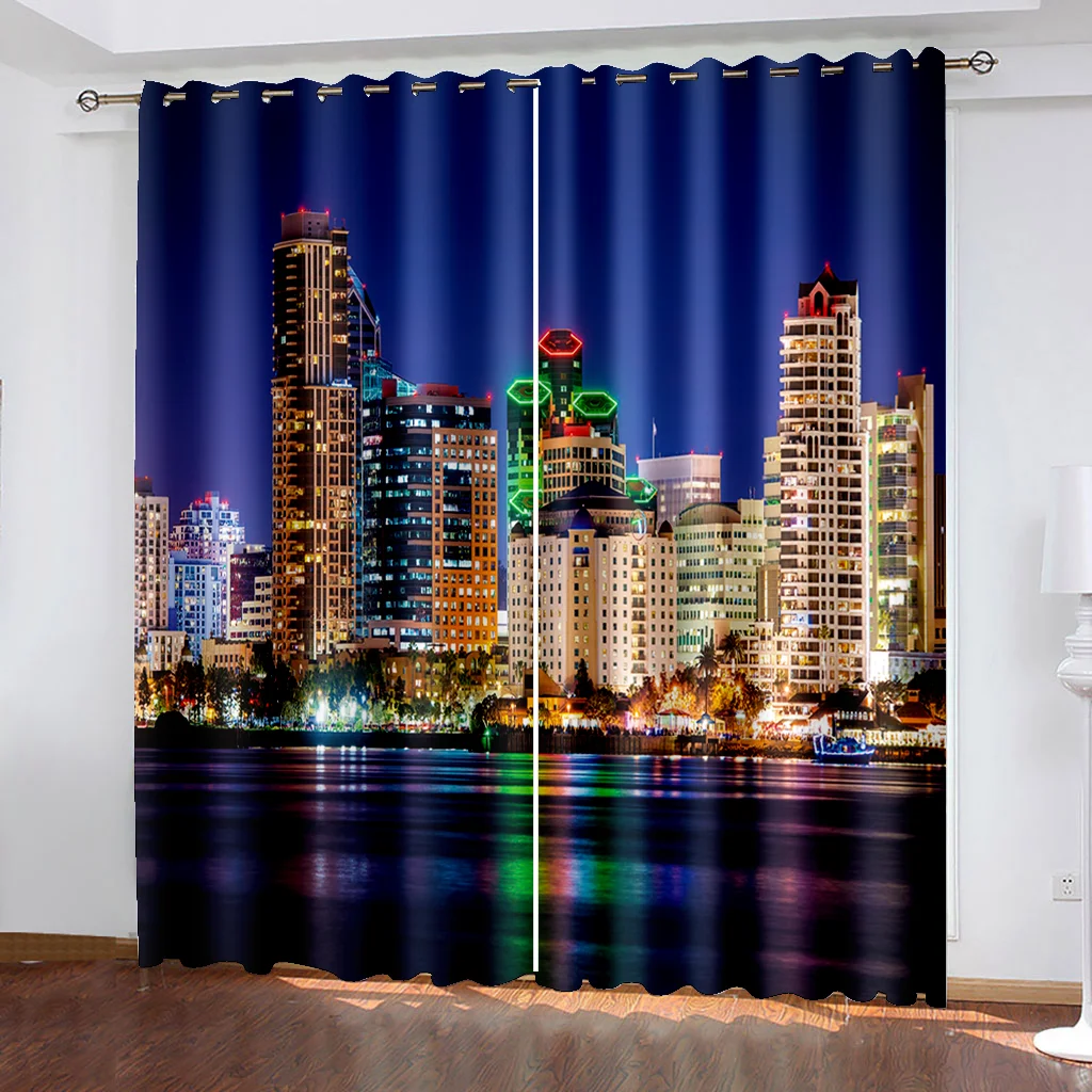 Colorful Night City Scenery Print Curtains, Drapes for Living Room, Bedroom, Kitchen, Office Blinds Window Curtain