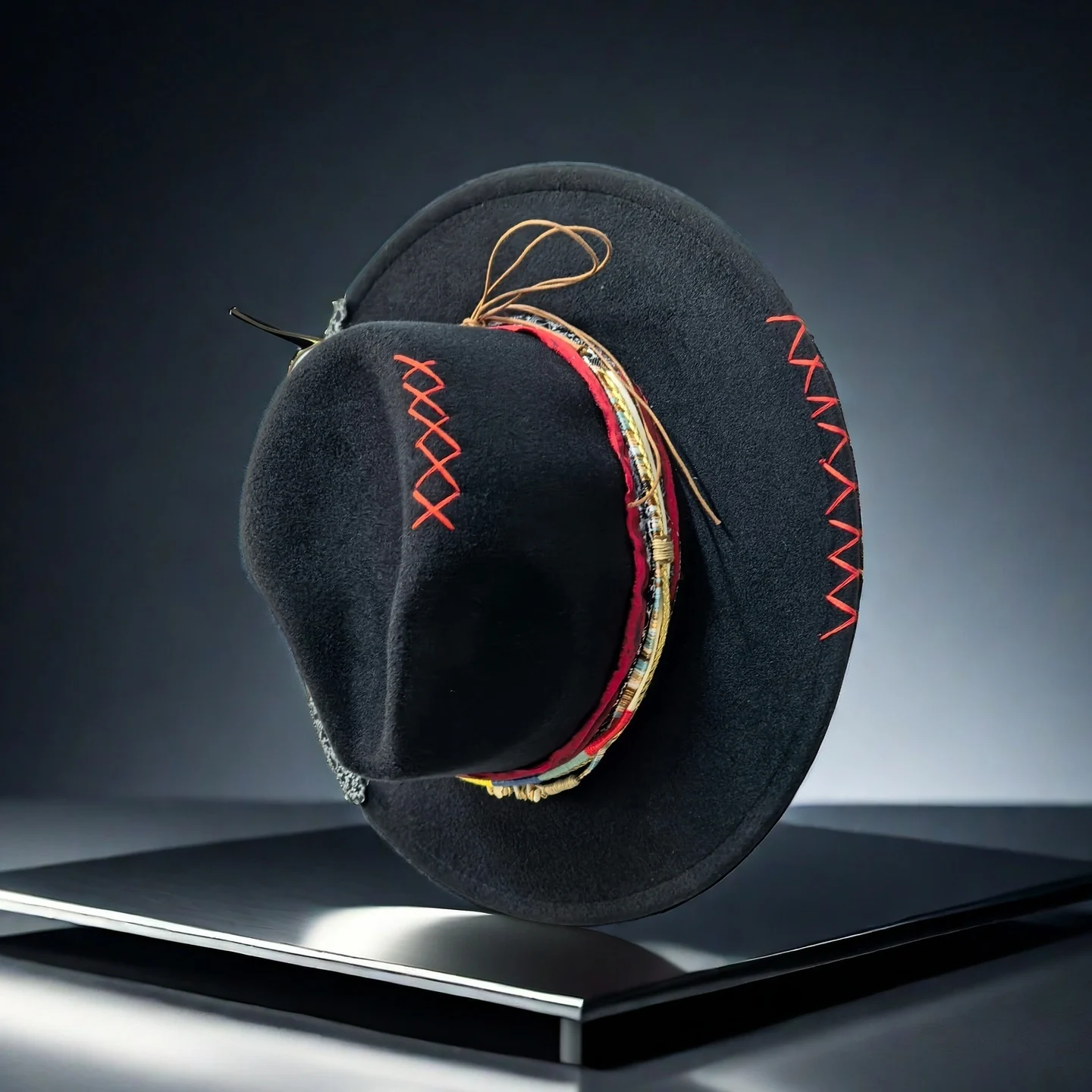 Women Men Handmade Wide Brim Jazz Trilby Fedora Hat Lady Hand Drawn Black Red Cowboy Hat Adjustable Size