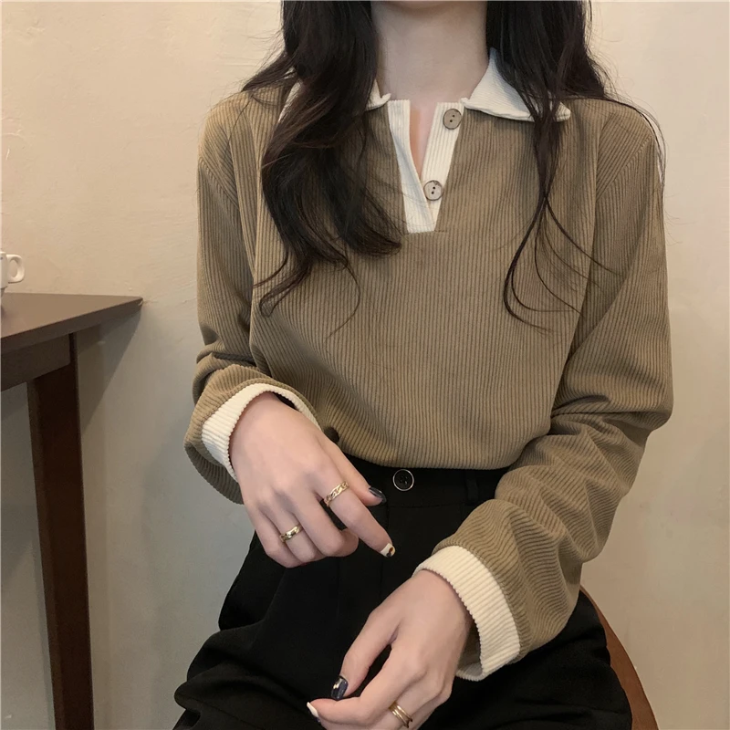 Chic  Collar Loose Fit Long Sleeve T-Shirt Women's Casual Style Autumn New Arrival Slimming Design Trendy Top