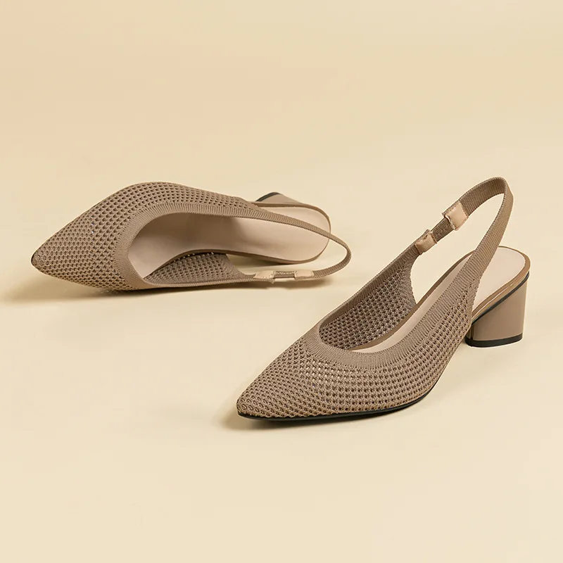 

Knitted toe back hollow strap sandals 2026 summer pointed shallow mouth side hollow daily coarse heel sandals