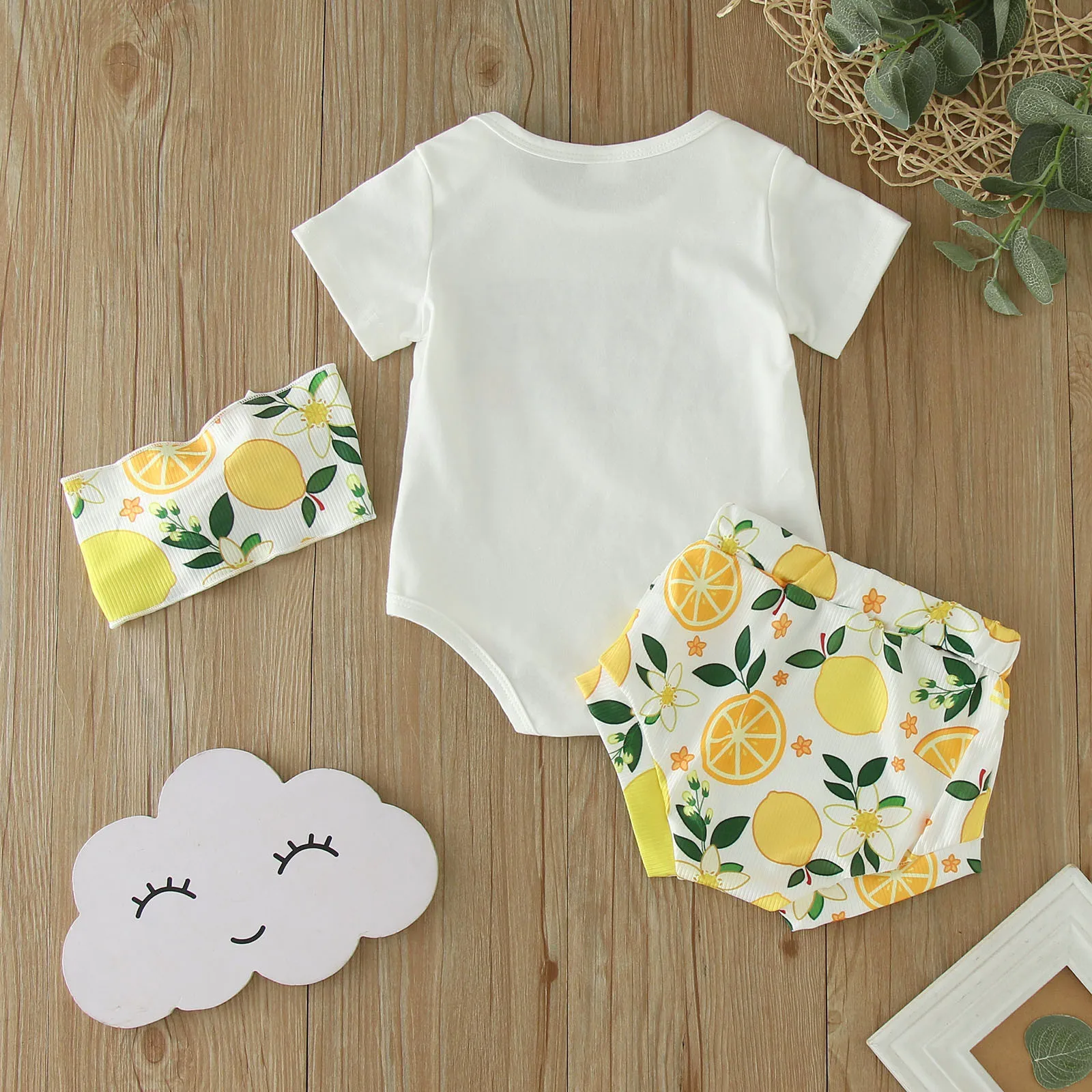 0-18M Newborn Baby Girls Summer Outfits Letter Lemon Prints Short Sleeve Romper Bodysuit Tops Shorts Headbands 3PCS Outfits Set