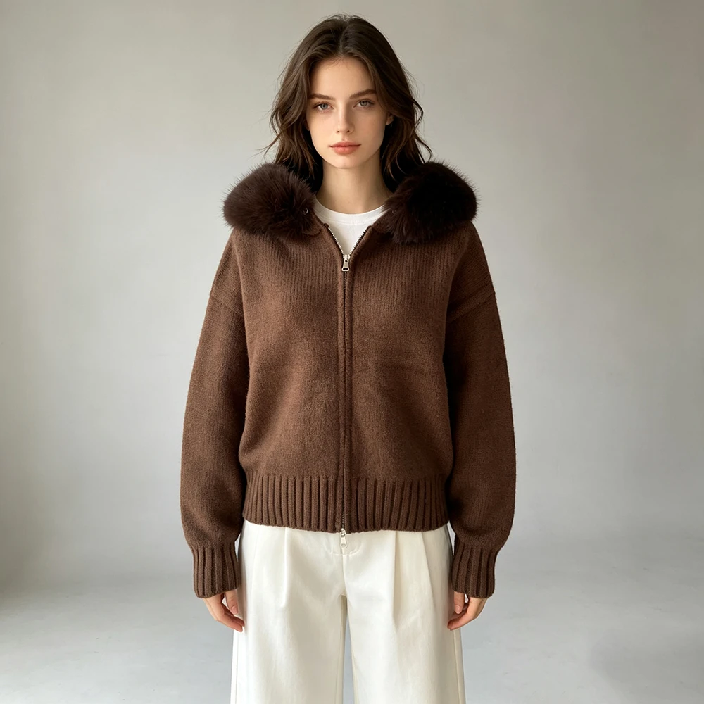 Jxwatcher Women's Sweater with Hood Big Fur Collar Zip Knitted Cardigan Spring Fall Ladies Fashion Faux Fur Collar Kind Jackets