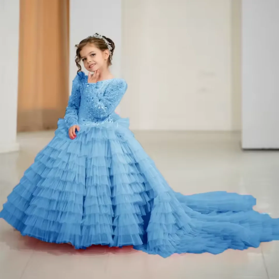 Luxurious Sequin Ruffled Sparkle Girl's First Communion Dress Long Sleeve Floor-Length Formal Wedding Party Children's Dress