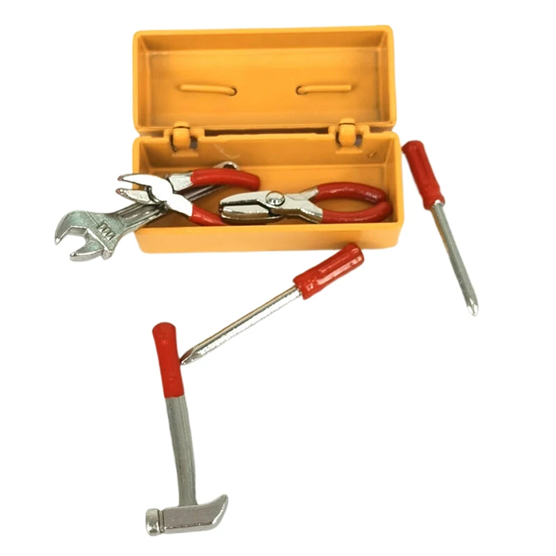 1Set Puppenhaus Miniatur Werkzeugkasten 【Werkzeugkasten + 6 Werkzeuge】Handgefertigte Werkzeuge Sets Modell Möbel Zubehör Puppenhaus Dekor Spielzeug Geschenk