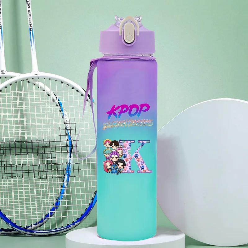 

New KPop Demon Hunters 750ML Sport Bottles with Straw Cartoon Anime Pattern Letter A-Z Print Outdoor Portable Water Bottle Gifts