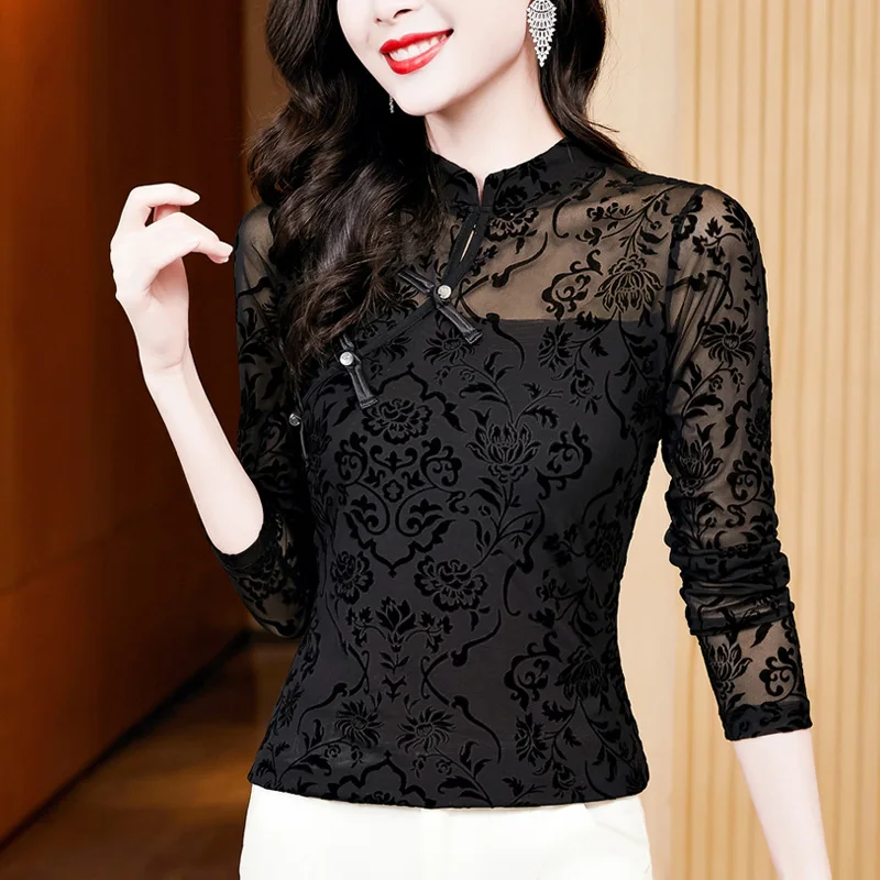 

Autumn Winter Beading Buttons Black Flocking T-shirt Women Vintage Stand Collar Stretchable Tees Tshirts Autumn Winter