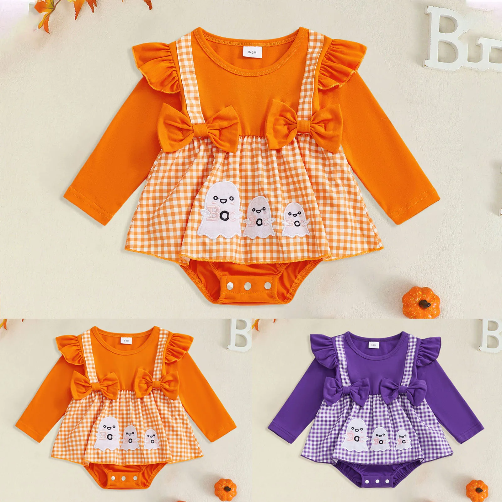 

Baby Girl Halloween Romper Dress Long Sleeve Comfortable Plaid Bowknot Cute Ghost Print Bodysuits Toddler Girls Crawling Clothes