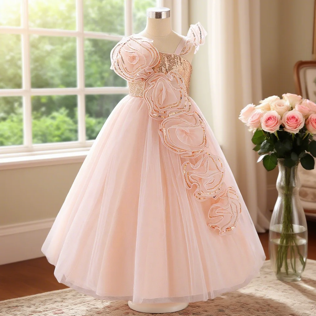

Girls long dress dress pink sweet dress suitable for birthday photo piano performance