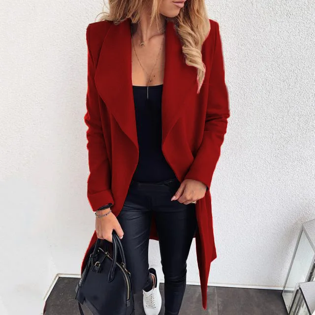 Spring Autumn Women's Casual Coat Temperament Fashion Pocket Strap Lapel Solid Color Woolen New Jacket for Female