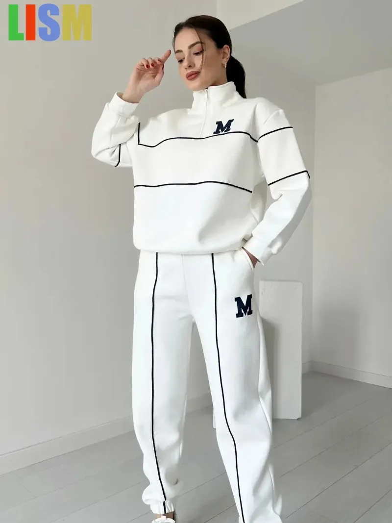 

LISM Women's tracksuit Letter Print Sweatshirt Set Casual Zipper Half Open Collar Long-sleeve Top + Sweatpants Two-piece Suit
