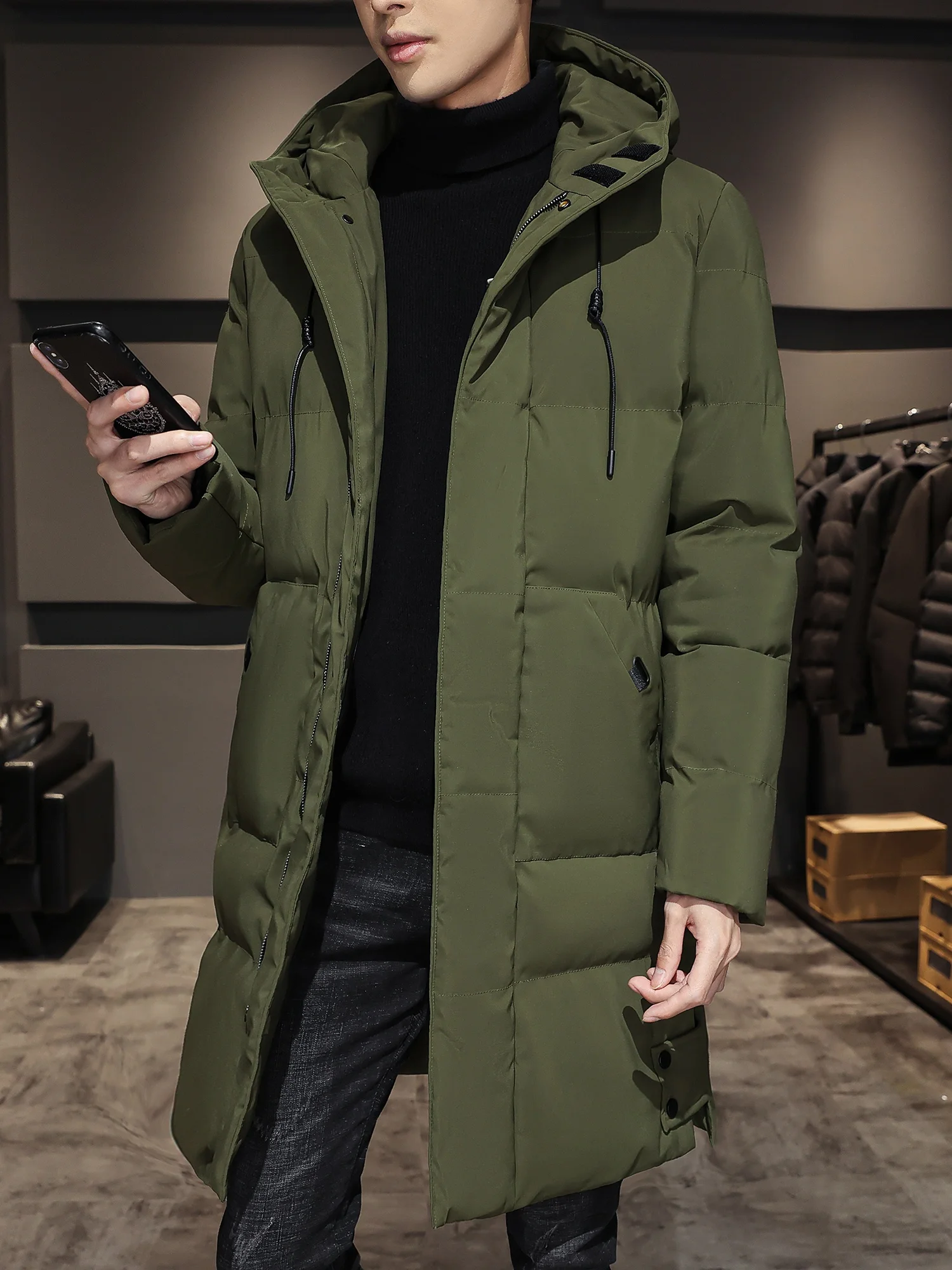 

Winter Thiened Warm Hooded down Cotton Jaet Men's Stand Fit Long Sve Zipper Closure Youth ular Sle Outerwear