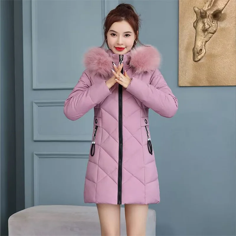 Veste longue rembourrée en coton pour femme, manteau chaud en velours, grand col en fourrure, mode hiver 2024