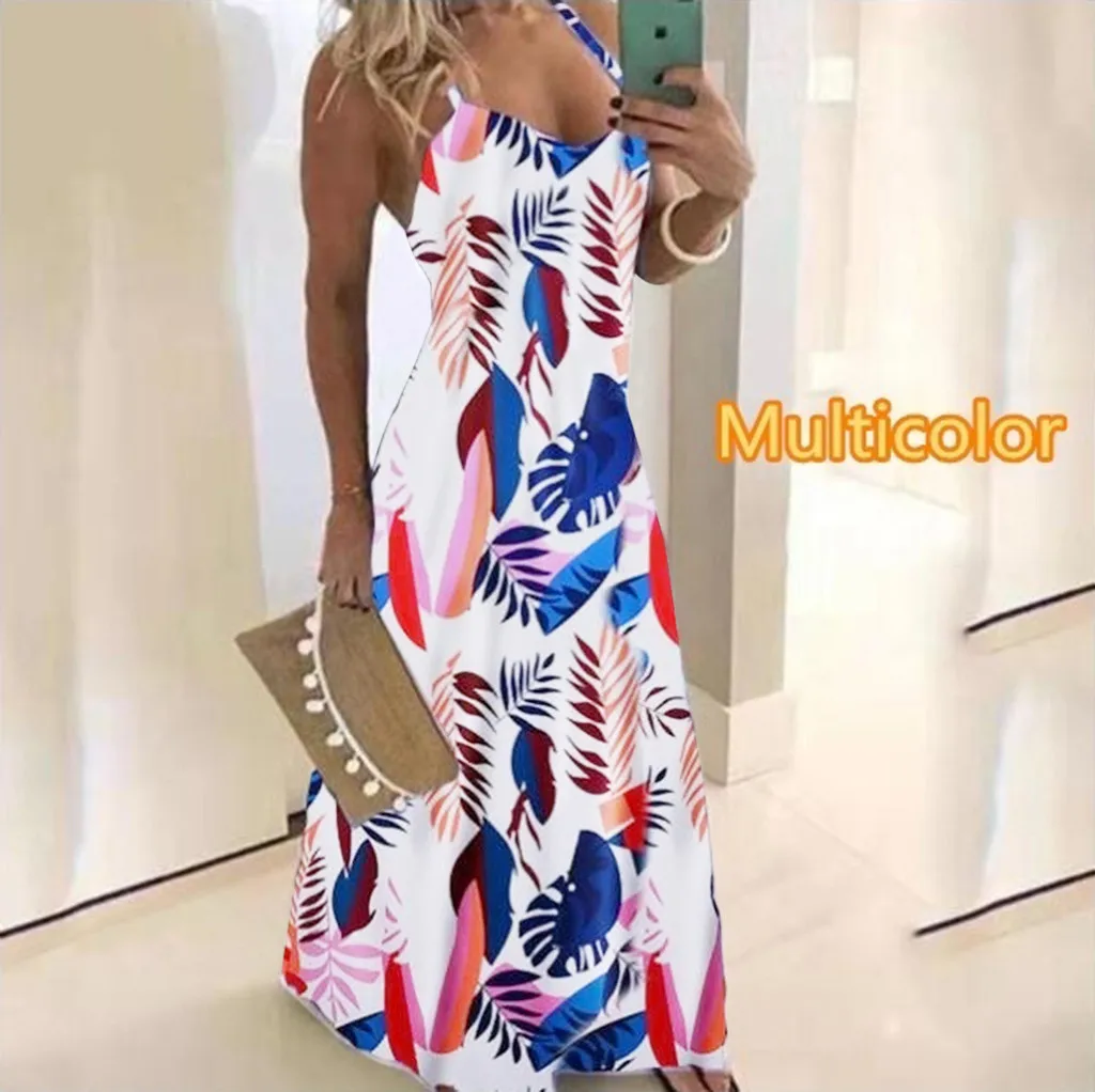 Vestido solto estampado floral para mulheres, sem mangas, vestido maxi dess elegante, gola V, praia boho, moda ao ar livre, verão