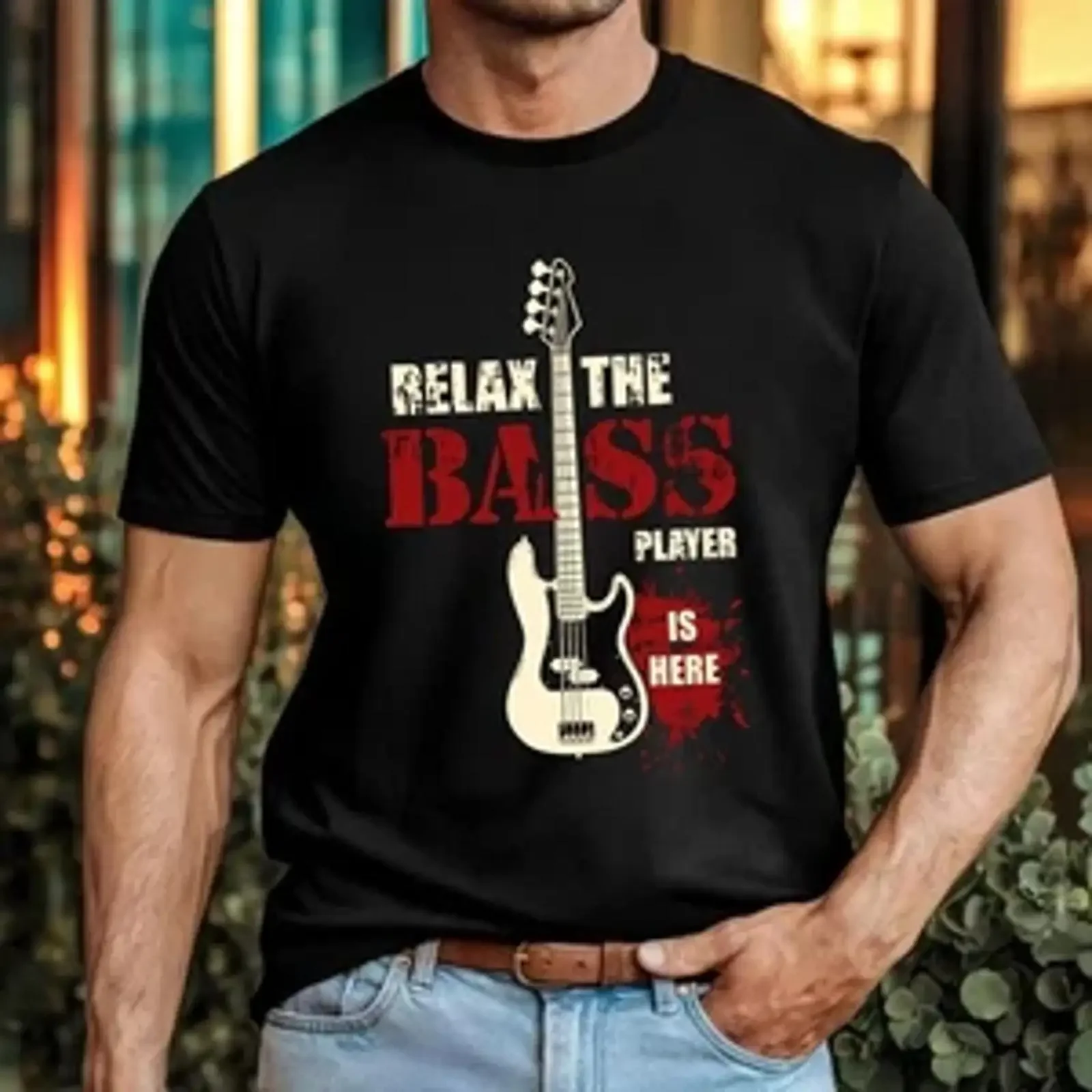 Funny Music T Shirt Relax The Bass Player Is Here Guitarist Humor Quote Top vintage Washed graphic Top For Everyday Wear