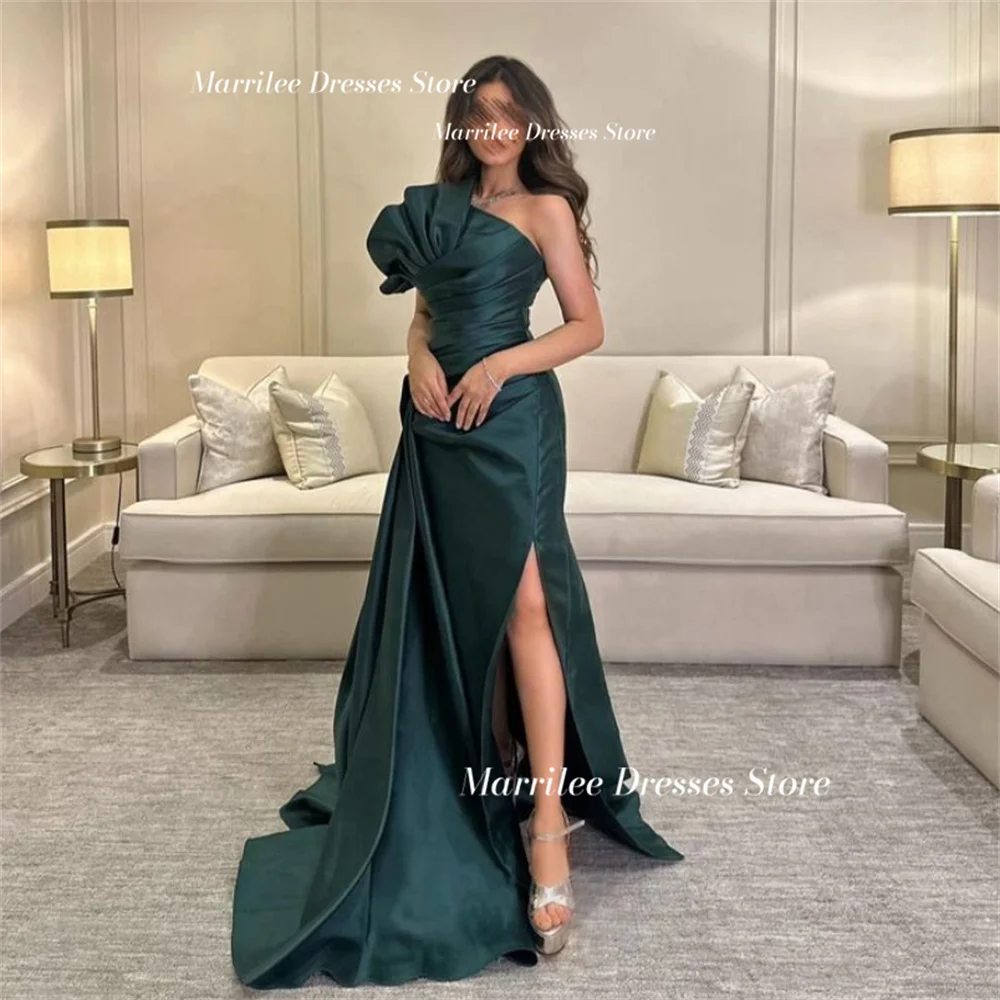 Marrilee Elegant Dark Green Pleated Strapless Mermaid Prom Gowns Charming Sleeveless Floor Length High Side Slit Evening Dresses