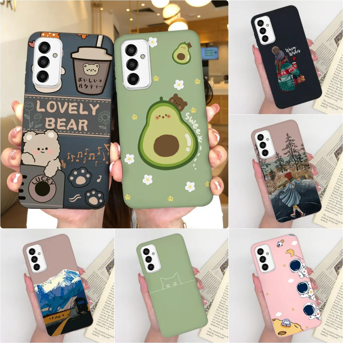 Case Back Cover For Galaxy M13 (India) F 13 4G Lovely Bear Avocado Pattern Matte Silicone Soft Phone Bags For Samsung F13 Fundas